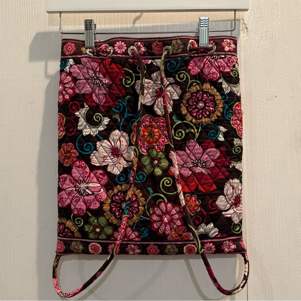 Vera Bradley Backpack Mod Floral Print Drawstring Close Brown & Pink Retired Bag - Picture 2 of 4